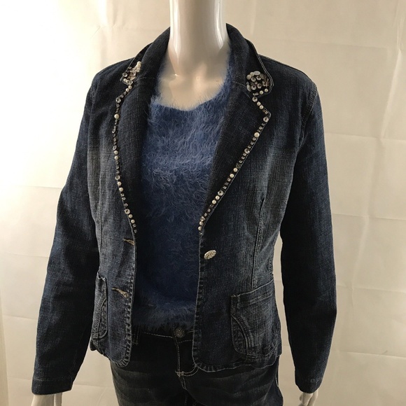 Y2K Vintage Jean Jacket BACCINI Embellished Denim Blue Jean Blazer Medium - Picture 11 of 11